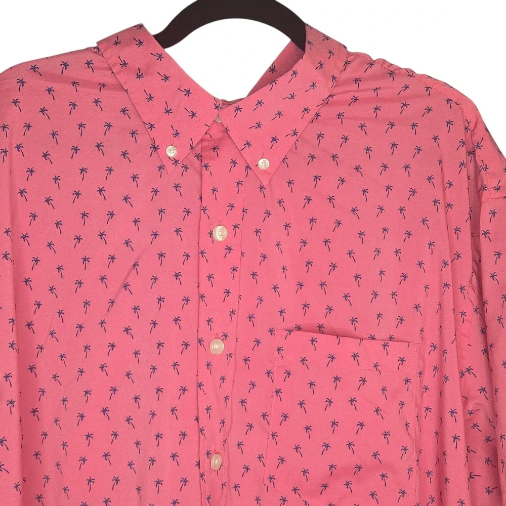 IZOD‎ Button Down Short Sleeve Palm Tree Print Shirt Pink Casual Mens 2XL